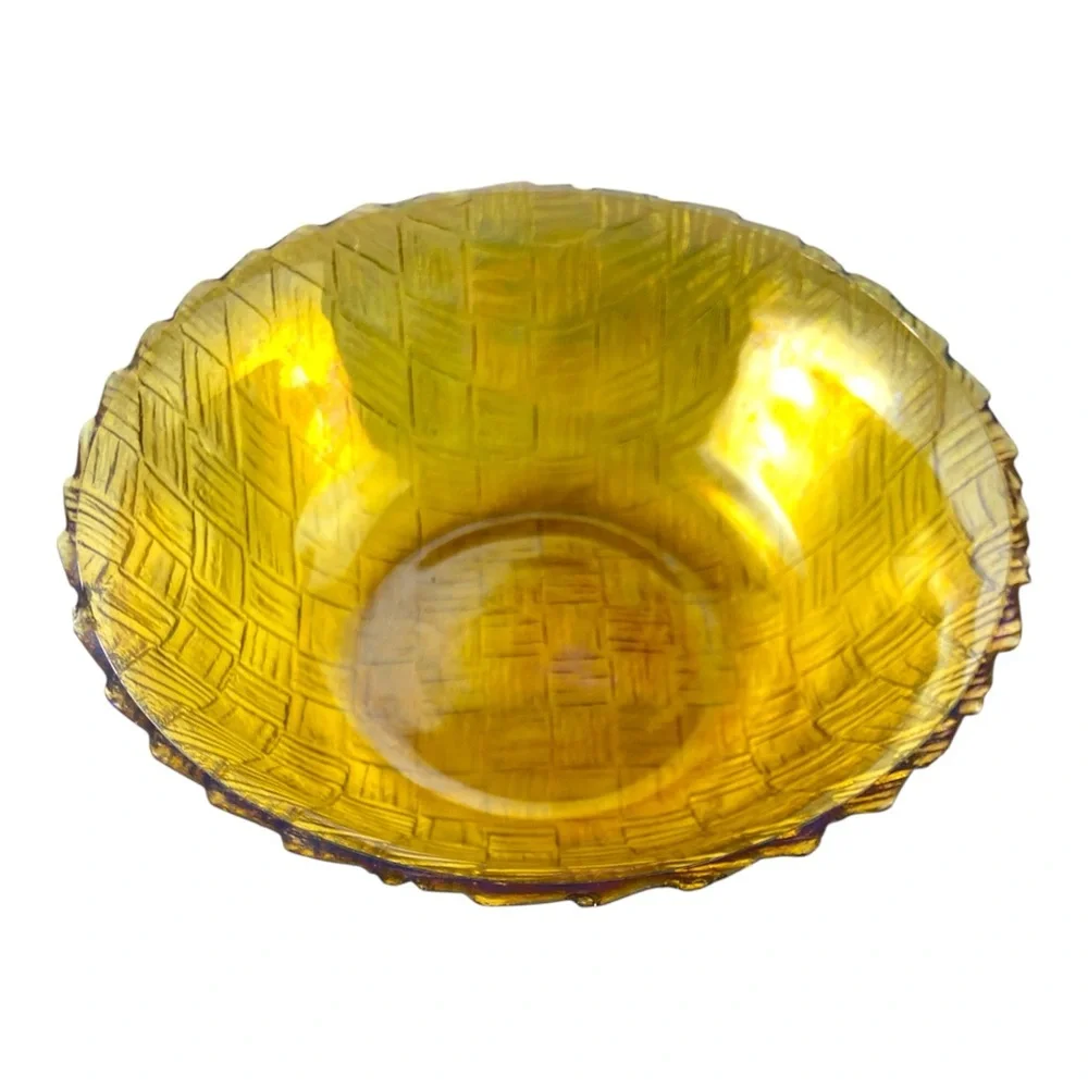 Vintage Indiana Glass Weavetex Basketweave Bowl Marigold Carnival Glass MCM 9”